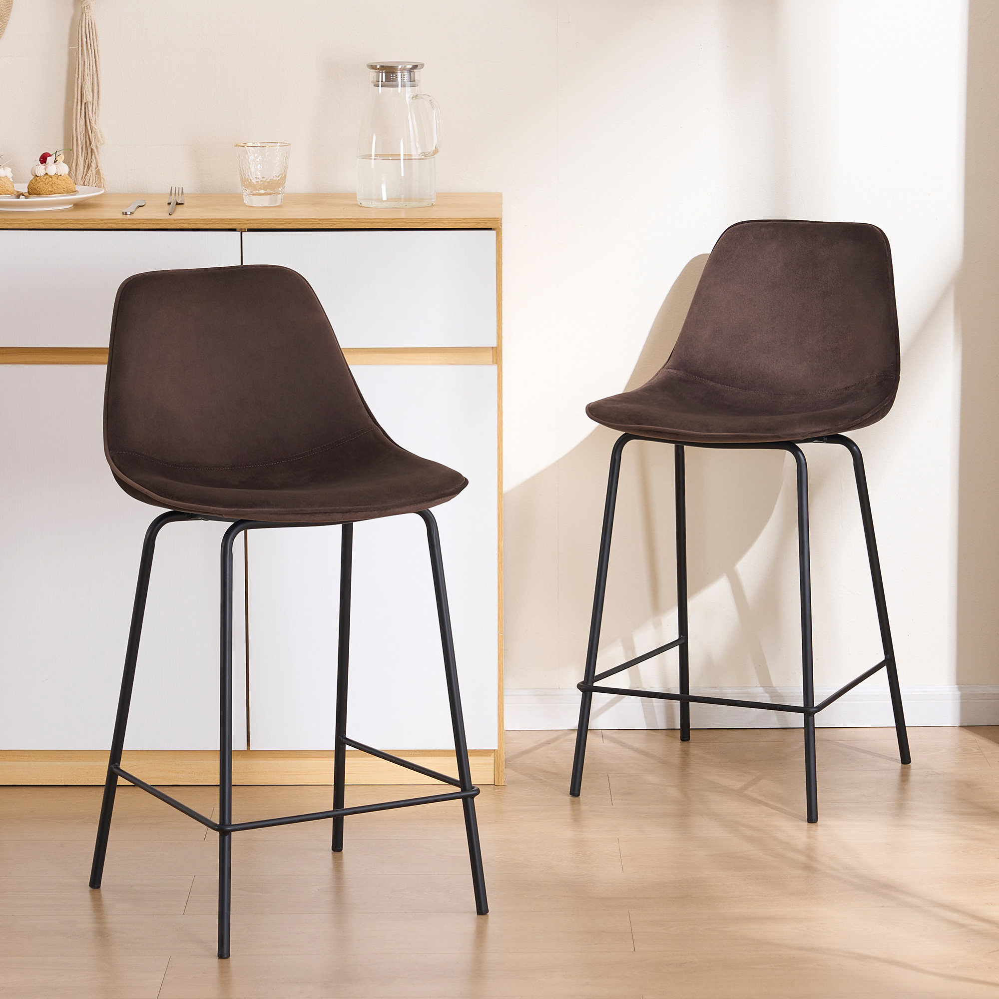 Kavi Upholstered Barstools, Mink Brown Velvet, Counter Stool (24" Seat Height)