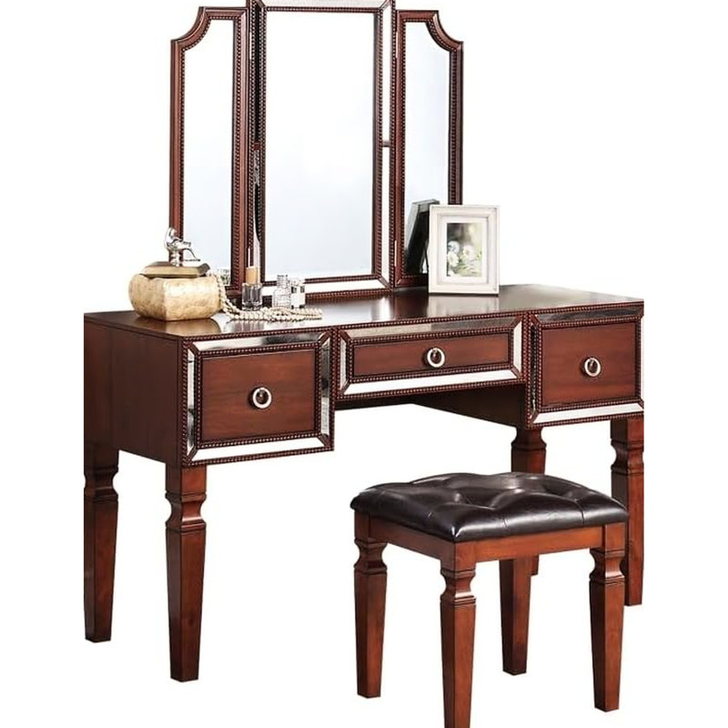 Mobilier de chambre à coucher en cerisier de luxe - coiffeuse avec tabouret, 3 tiroirs et trois compartiments de couleur miroir
