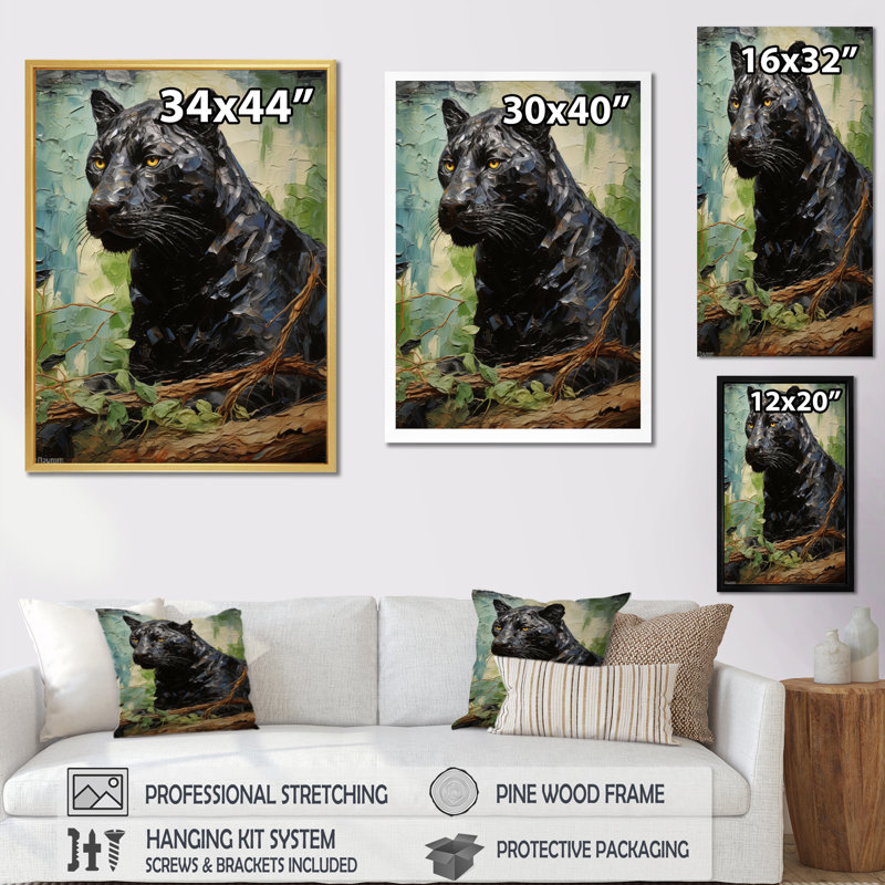 Panthère noire de la jungle II sur toile, H 32 po x l 24 po x P 1 po, Cadre flottant noir
