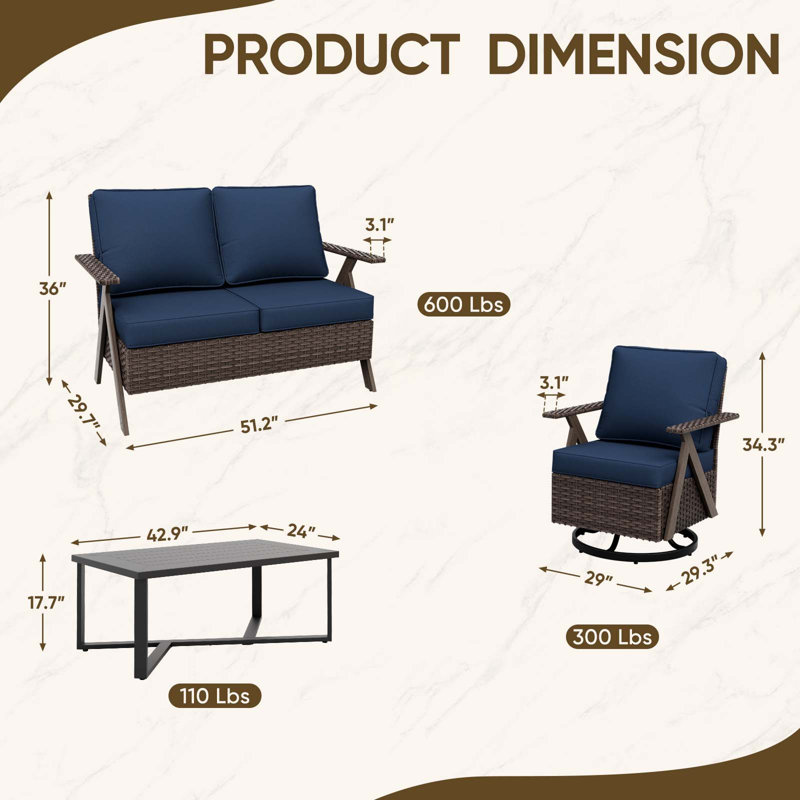 Ensemble modulaire de patio en osier 4 pièces avec méridienne pivotante et table basse, canapé pour l'extérieur, Bleu