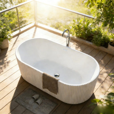 59" Acrylic Freestanding Soaking Tub, Modern Gloss White with Overflow & Matte Drain, Ergonomic Deep Design, CUPC Certified