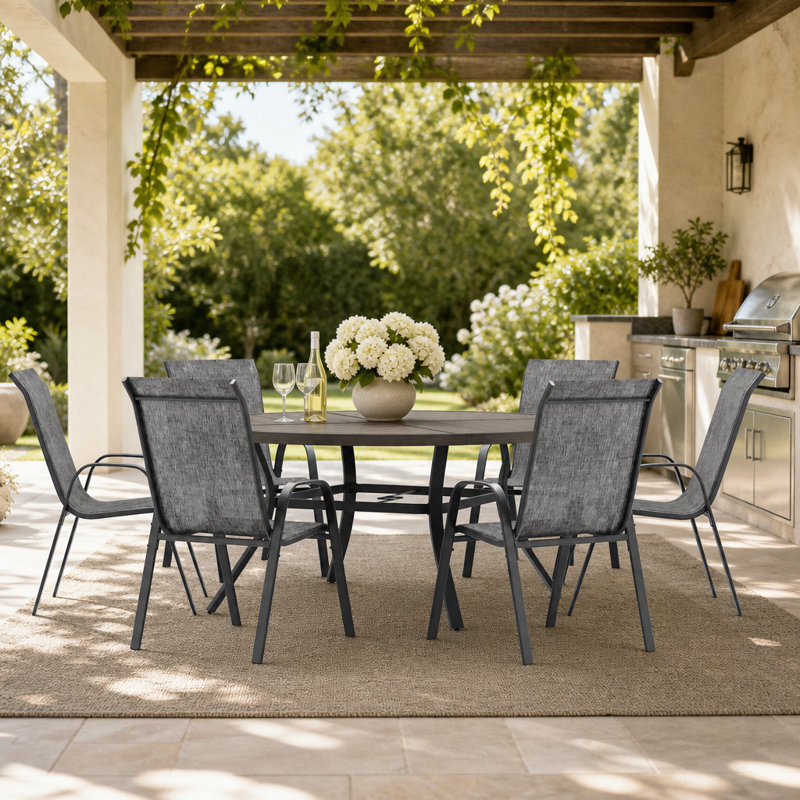 Ashville With Stackable Textilene Chairs, Brush Wood Gray/Gray