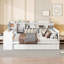 Lit de jour double en bois avec 3 tiroirs, ports USB et bureau, blanc