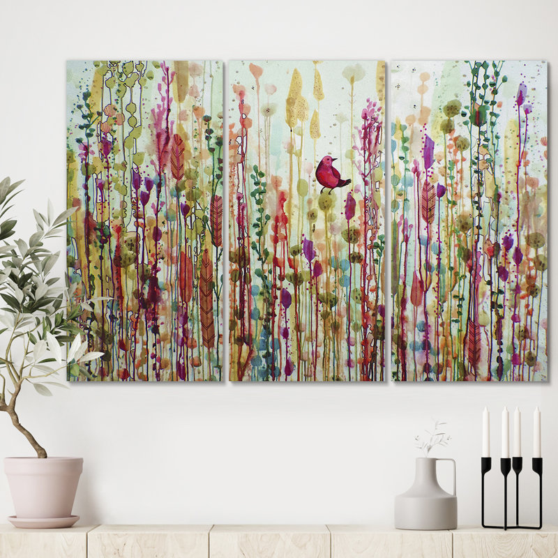 «Red Bird in Color Meadow», peinture à multiples images sur toile