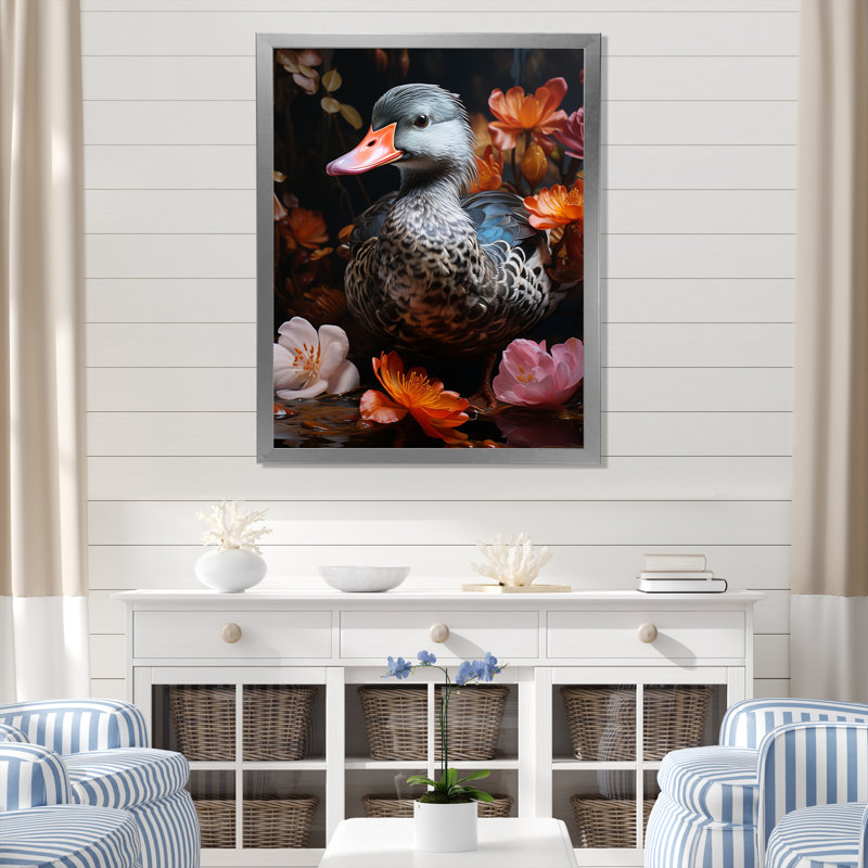 «Duck's Floral Shadow Diver» - Art mural animal canard, Cadre simple argenté, H 44 po x l 34 po x P 1,5 po