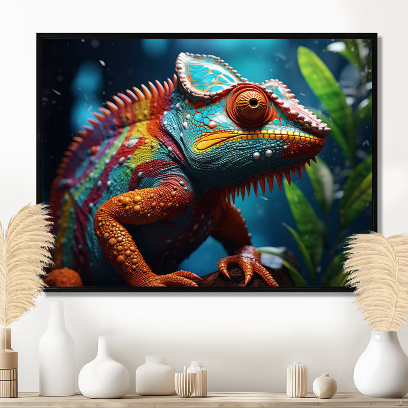 Portrait coloré de caméléon coloré - animaux de la forêt, art mural, H 12 po x l 20 po x P 1 po, Toile avec cadre noir