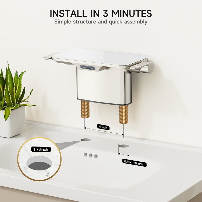 Modern 4-inch Centerset Double-Handle Waterfall Bathroom Faucet with Glass Shelf in Brushed Nickel, Brushed Nickel