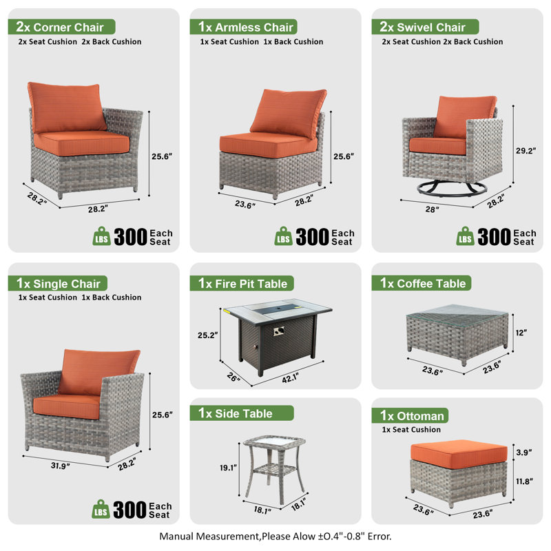 Ignatz 10 - Piece Patio Furniture Set With Cushions, Orange Red