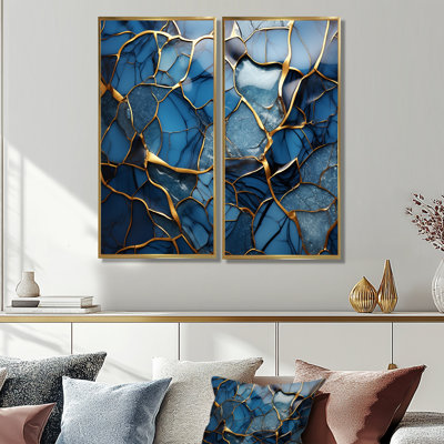 Gold And Blue Marble Mosaic Agate III - Abstract Large Canvas Wall Art
