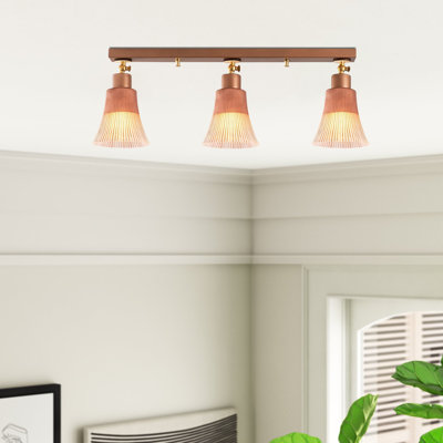 Stunning Copper Chandelier, 24.4 in Diameter x 8.7 in Height | Elegant Metal Body with Glass Cap & Wooden Base | 3 x E27 Max 40W Sockets | Modern Scandinavian Design, Perfect for Glam Living Spaces