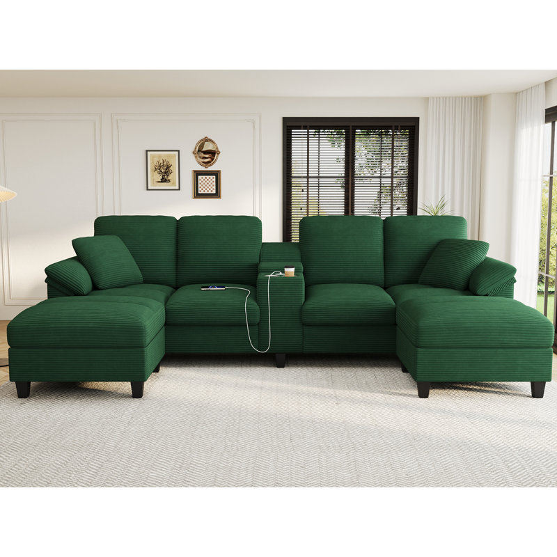 117" Oversized U-Shaped Sofa With 2 Storage Ottomans, Green Corduroy