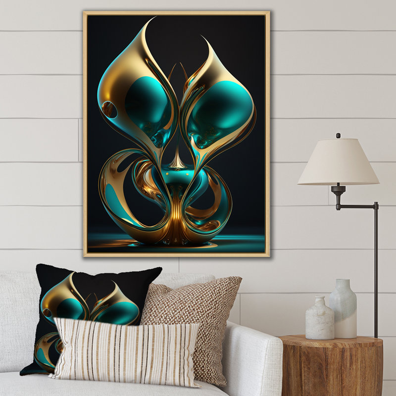 Rhyth of Infinity 3D Turquoise Gold Sphere I - Abstract Fractal, art mural, H 32 po x l 24 po x P 1 po, Cadre flottant érable