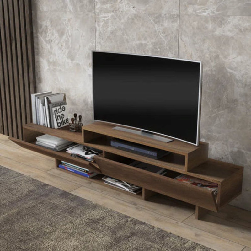 Meuble télé Tara pour téléviseur de 65 po ou moins, console média minimaliste à profil bas avec rangement, finition en bois de noyer
