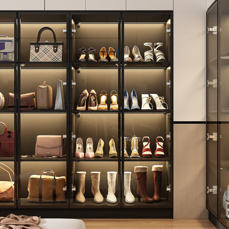 Maudena Armoire With Glass Door and LED Light, Black
