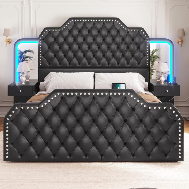  Structure de lit plateforme avec tête de lit 4 tiroirs avec rangement en tissu et tête de lit Karlton, Grand, Noir