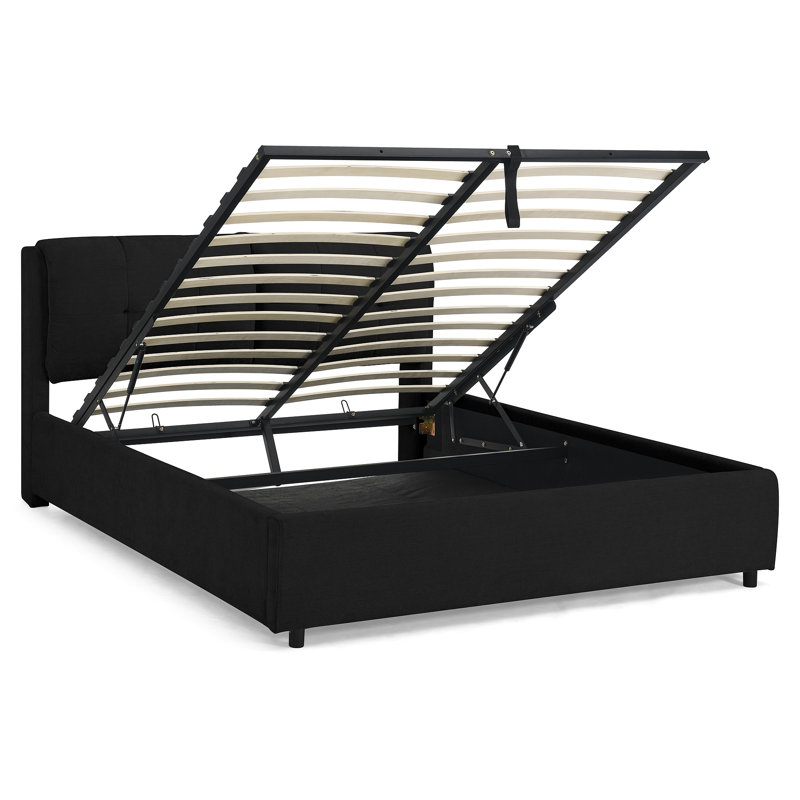 Lit plateforme tapissier hydraulique avec rangement et tête de lit intégrée, Grand lit