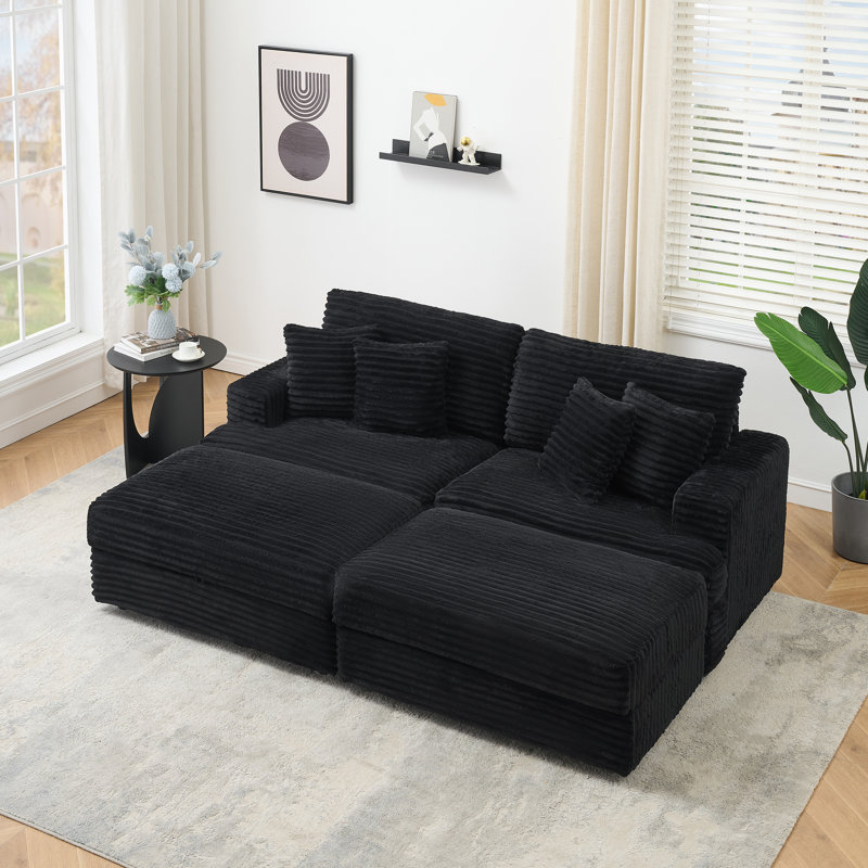 Canapé confortable 79,5 po 3 places avec repose-pieds Corduroy, Noir, noir, noir, noir