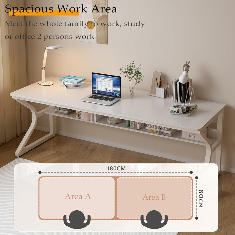 Warm White Extra Long Desk with Bookshelf and Metal Frame