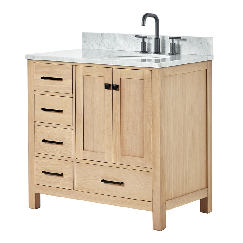 Flynt 37'' Single Bathroom Vanity with Carrara Marble Top, Oak