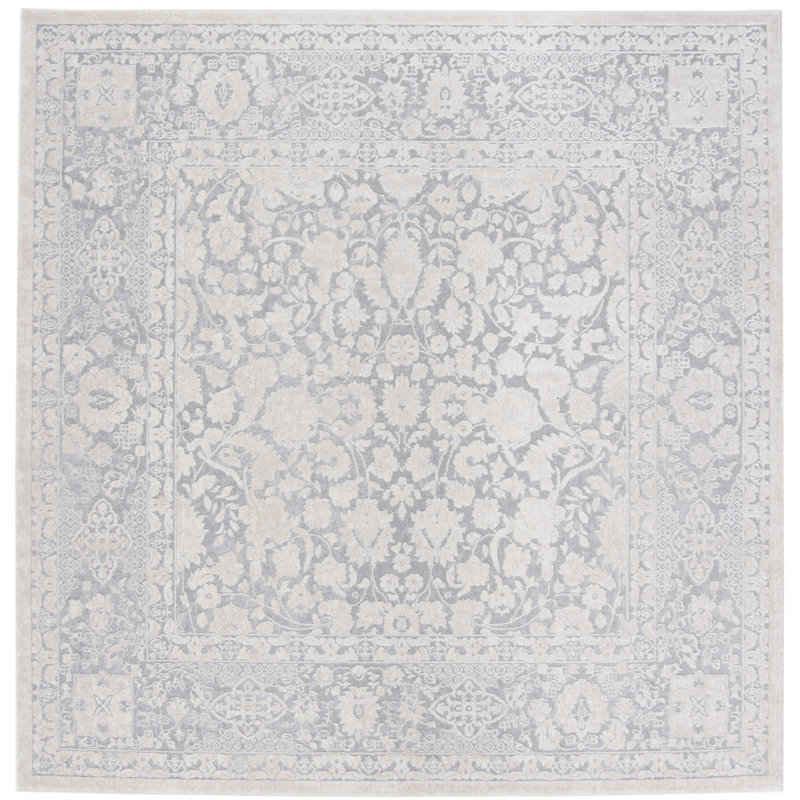 Calidia Floral Light Gray/Cream Area Rug, Square 6'7"