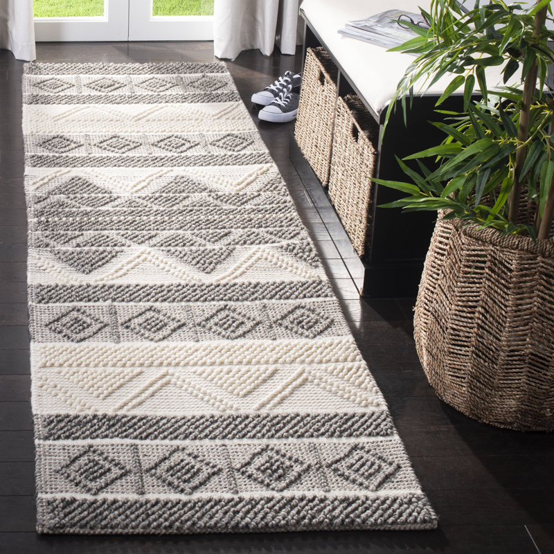 Tapis gris / beige en laine / coton tissé à la main Southwestern, Tapis de couloir 2 pi 3 po x 6 pi
