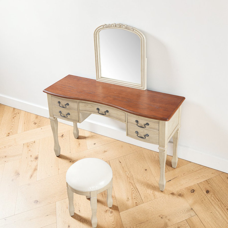 46" Makeup Vanity Set With Stool, Curved Floral Mirror, Wood, 5 Drawers Storage, Vintage, Bedroom Dressing Area