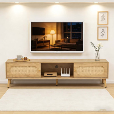 Boho TV Stand for TVs up to 80 Inches, Modern Farmhouse Media Console with Solid Wood Legs and Spacious Storage
