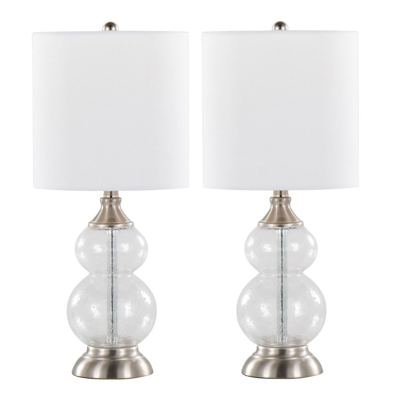 Ensemble de 2 lampes décoratives 20 po, verre froissé transparent avec abat-jour nickel brossé et lin blanc