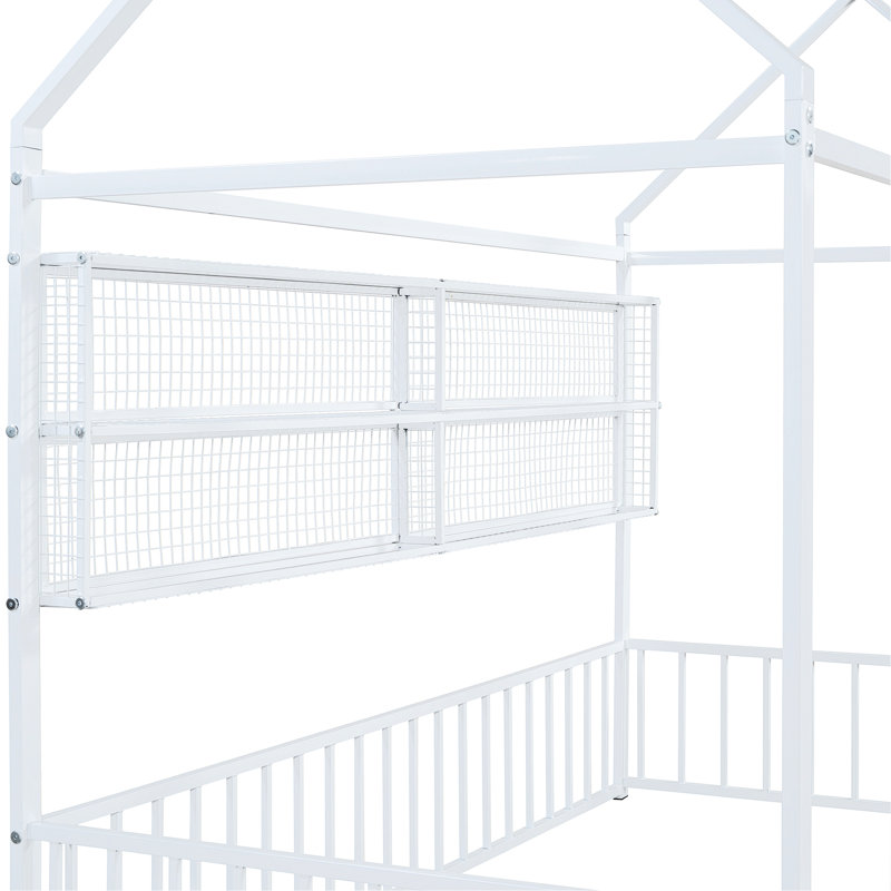 Lit simple en métal blanc avec étagère à thème de maison et système de clôture - Transformez votre chambre à coucher, Blanc