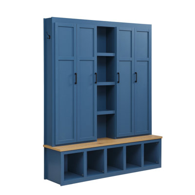 62.9"W Farmhouse 4-In-1 Hall Tree With 6 Hanging Hooks, Mudroom Wood Grain Bench With Open Compartments, Entryway Shoe Cabinet With Seating Bench by One Allium Way