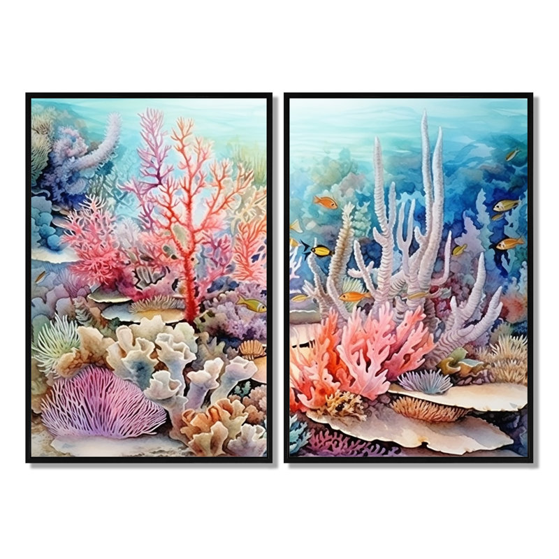 Rose et bleu sous l'eau, corail Wold I - animaux sous l'eau, art mural, Noir, H 36 po x l 48 po