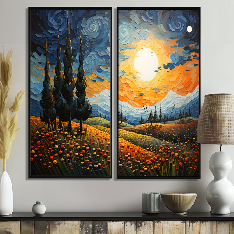 Vangogh, le cyprès se balançant IV - Vangogh, grandes impressions sur toile 2 panneaux, H 20 po x l 24 po, Noir