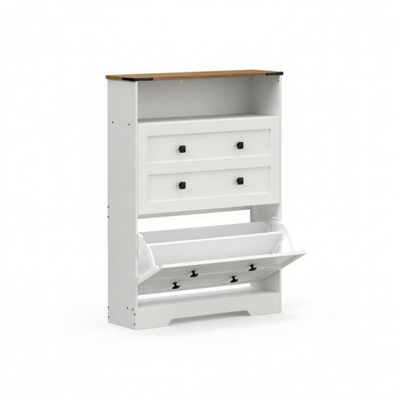 Meuble à chaussures étroit et moderne avec 2 tiroirs rabattables et une tablette ouverte, meuble de rangement à chaussures mince pour entrée et couloir.