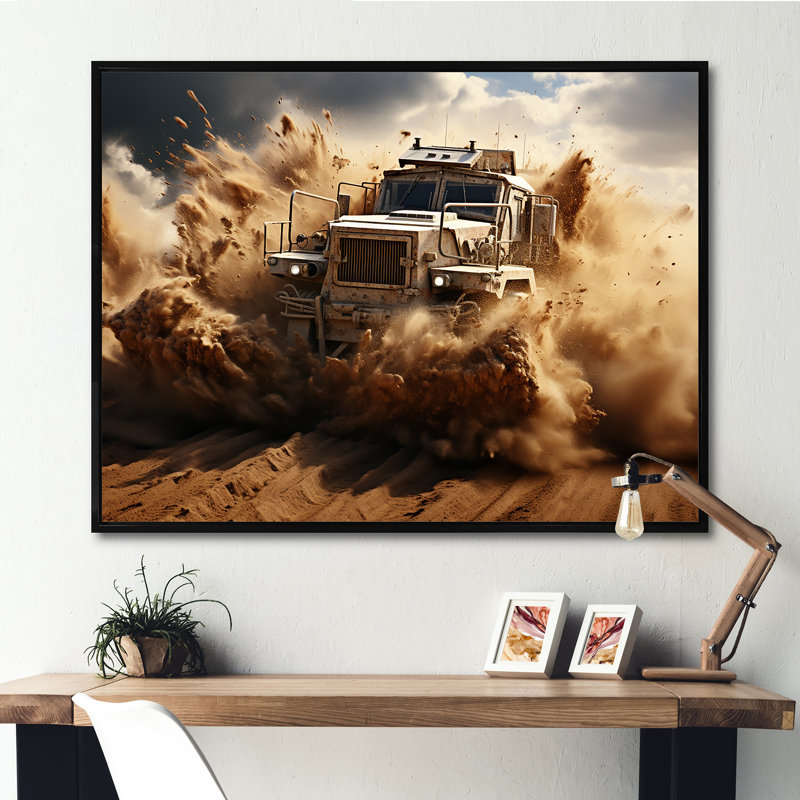 Camion militaire, guerre mécanisée sur toile, Cadre flottant noir, H 30 po x l 40 po x P 1,5 po