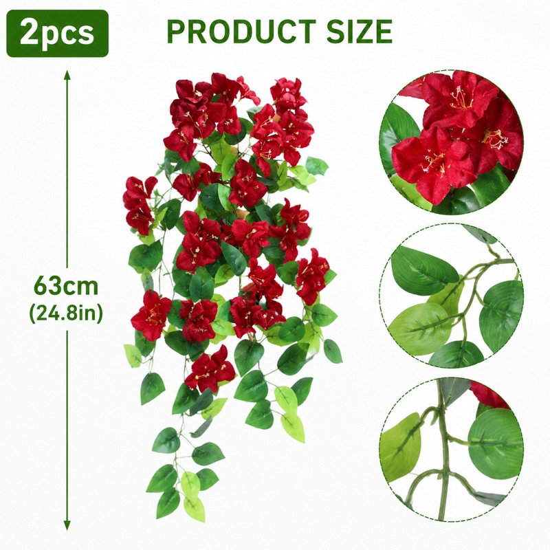 2 fleurs artificielles suspendues Bougainvillea, vigne en tissu de soie artificielle résistante aux rayons UV, Rouge