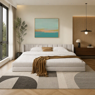 Modern King Size Upholstered Bed Frame, Thick Chenille Fabric Platform Bed With Soft Headboard, Low-Profile Solid Frame Design