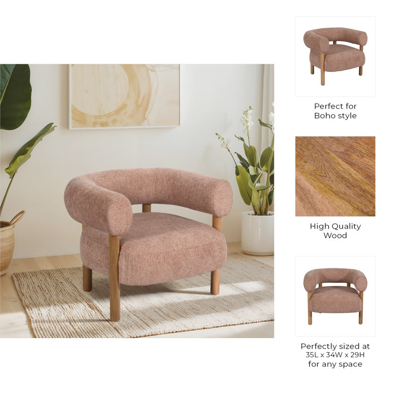 Roundback Accent Chair With  Wood Legs, Speckled Wht, Pink Fabric, Brown