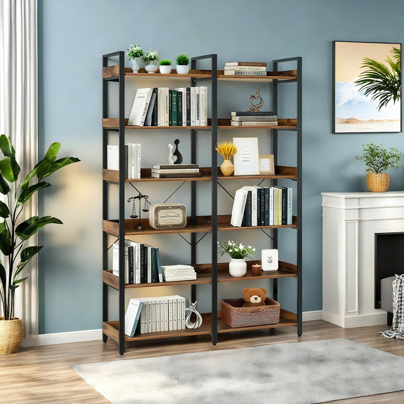 67" 6 Open Shelf Bookcase, Freestanding Metal Frame, Bedroom, Living Room, Office Storage, Brown And Black Design, Edge Guards, - Rust Coating Frame Shelves, Office, Black, Easy To Clean