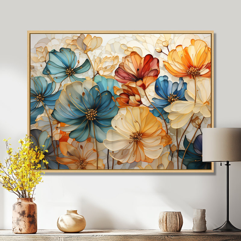 «Teal Orange Petal Mosaics II - Abstract Botanicals», art mural sur toile, H 12 po x l 20 po, Cadre photo unique, Doré