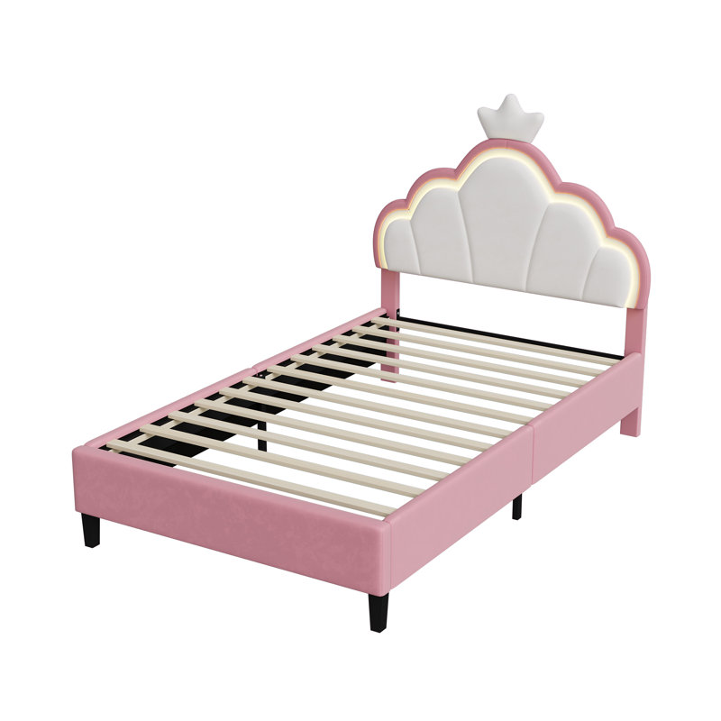 UK Single & Double Upholstered Princess Bed With LED Crown Headboard, Pink & White Velvet, Single (3')