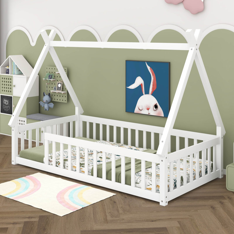 Lit simple en bois en forme de tente avec garde-corps, Blanc