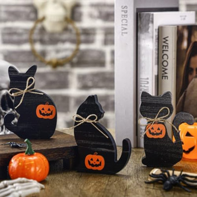 3 pièces de décorations d'Halloween pour chat rétro noir intérieur de table rétro chat noir en bois bloc signe rustique ferme d'Halloween plateau à plusieurs niveaux pour la table