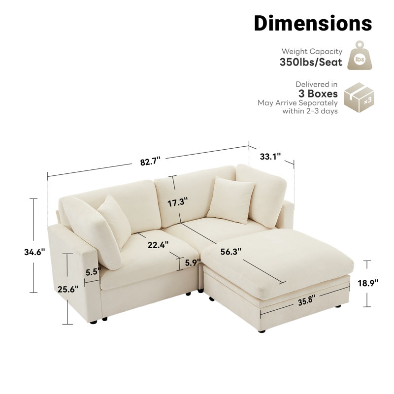 82.7” W Oversized Down-Filled 3-Seater Modular Sofa with Storage Ottoman, Beige Chenille