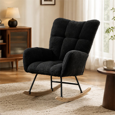 Fauteuil berçant à oreilles en tissu Teddy, fauteuil d'allaitement confortable bleu foncé avec poche de rangement latérale, base en bois massif robuste, fauteuil d'appoint polyvalent pour chambre de bébé et salon
