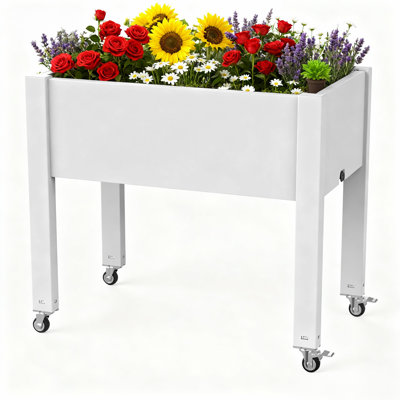 Grande jardinière extérieure surélevée 30,04 * 17,72 * 28,9 avec roues, boîte à fleurs mobile surélevée, pot à fleurs durable, convient aux arrière-cours, aux patios et aux balcons (blanc)