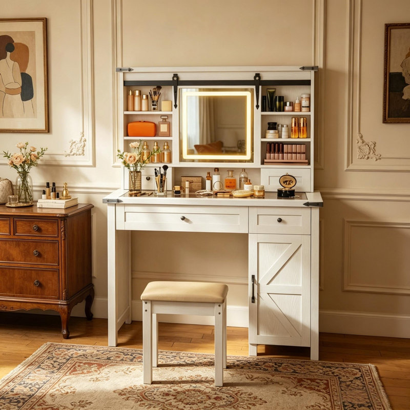 Ensemble de coiffeuse moderne avec miroir à DEL, tablettes réglables et porte de grange