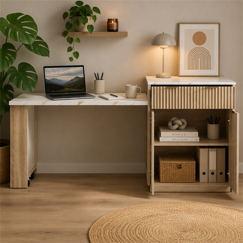 Îlot de cuisine cannelé avec table extensible pour 4 à 6 personnes K&K, Natural, 36.2" H x 82.6" W x 27.6" D
