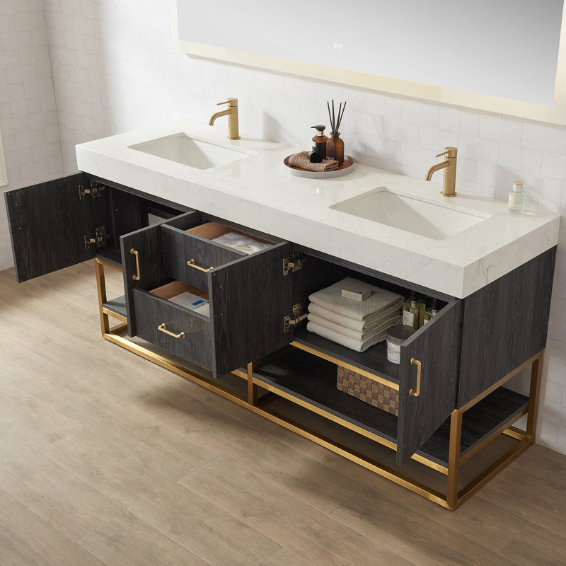 Alistair 72'' Double Bathroom Vanity with Engineered Stone Top, Gold, Natural Oak, White