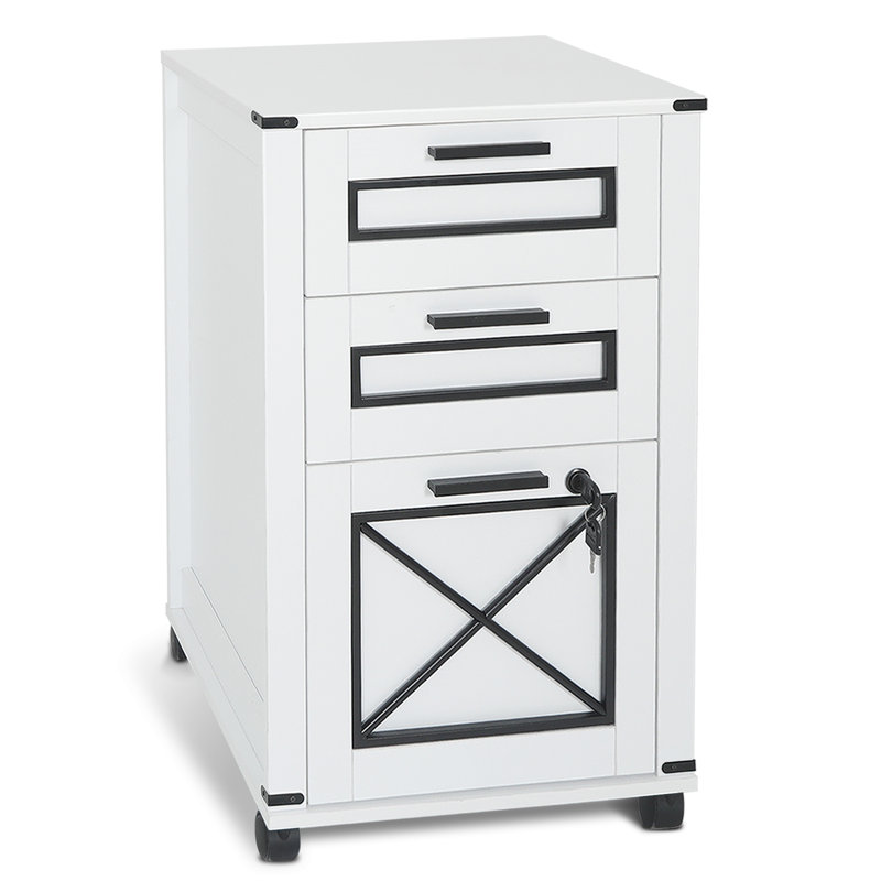 White 3 Drawer Wooden File Cabinet Printer Shelf With Lock