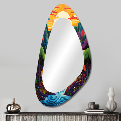 Majestic Sunset Over Colourful Autumn Forest River - Floral Asymmetrical Traditional Wall Mirror